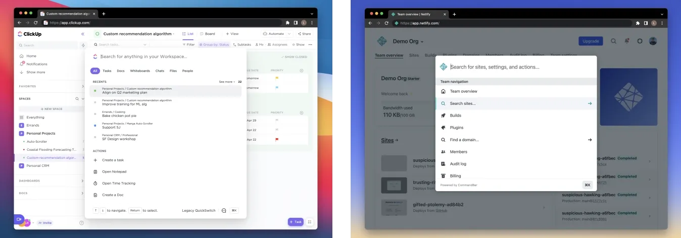 Side by side of CommandBar inside ClickUp and CommandBar inside Netlify