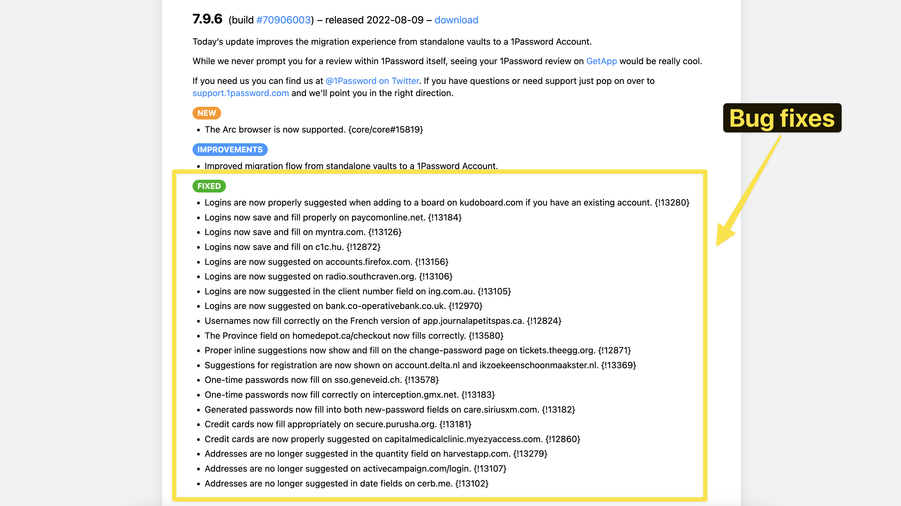 screenshot of 1password release notes