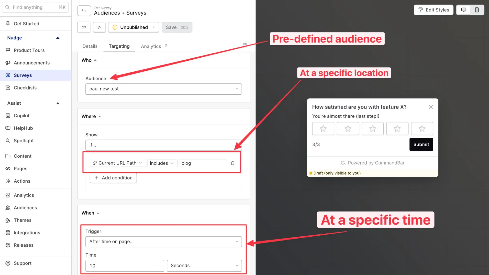 commandbar audience defined by page and time