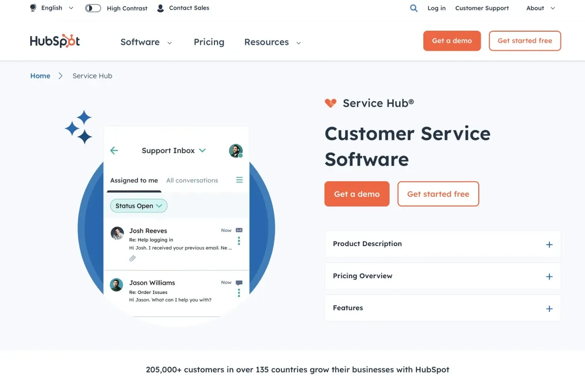 Image of HubSpot Service Hub's website