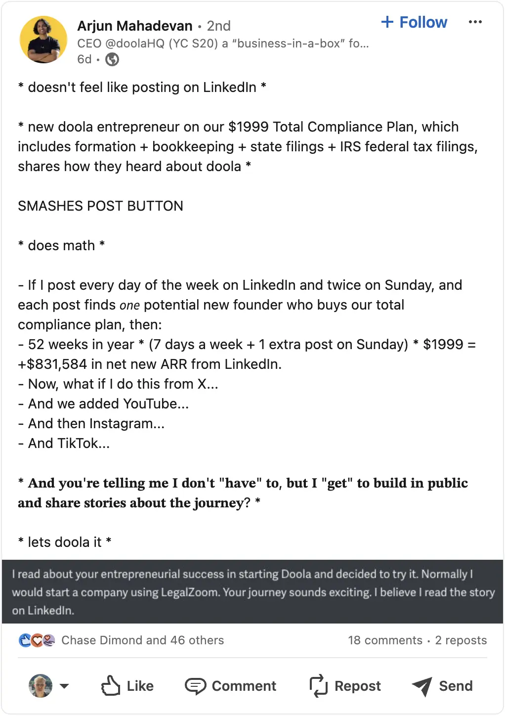 Arjun Mahadevan Doola LinkedIn Post