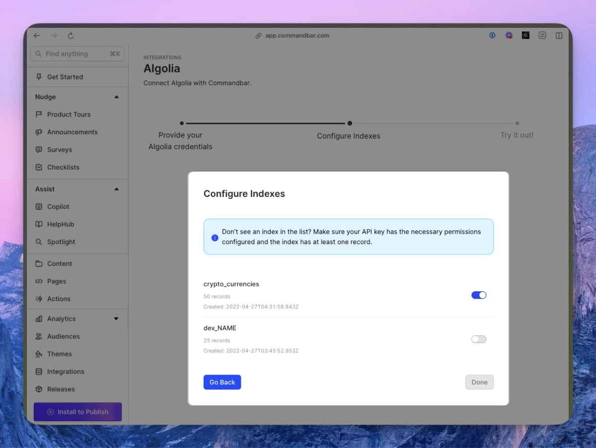 Algolia integration configuration