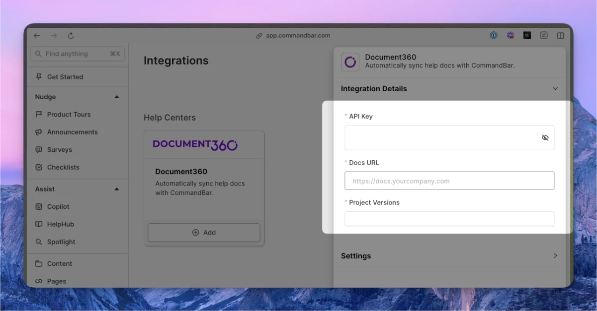 Document360 integration inputs