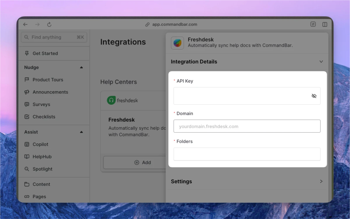 Freshdesk integration inputs