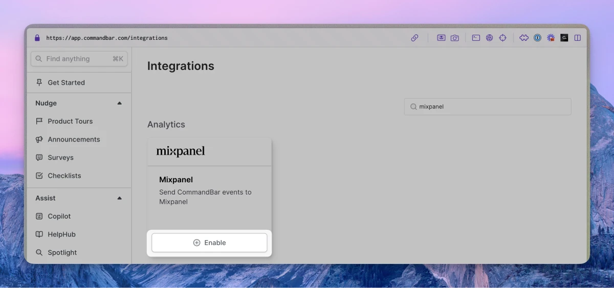 Mixpanel integration card